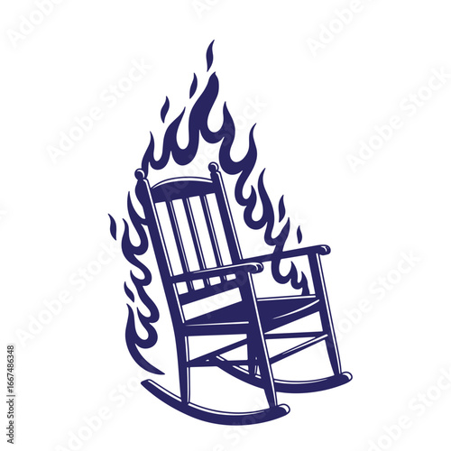Burning rocking chair silhouette illustration depicting flames and intense heat on white background