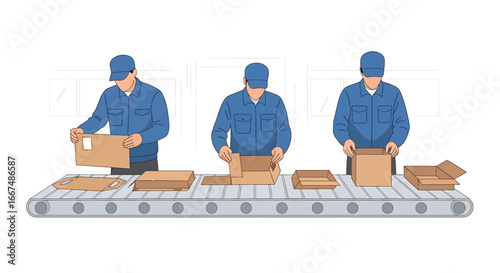 Workers packing boxes on conveyor belt assembly line industry high quality professional