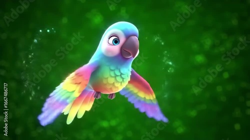 Animated Rainbow Bird Flying Through Magical Green Space
