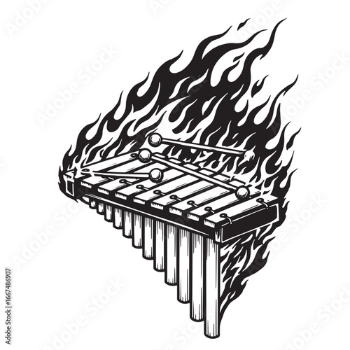Burning xylophone with mallets in black and white musical instrument illustration
