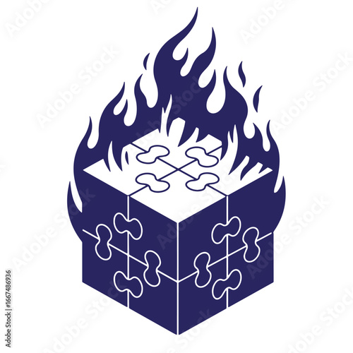 Conceptual illustration of a puzzle cube on fire representing a problem or challenge