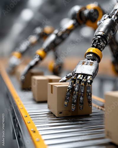 Industrial robots handling boxes on a conveyor belt