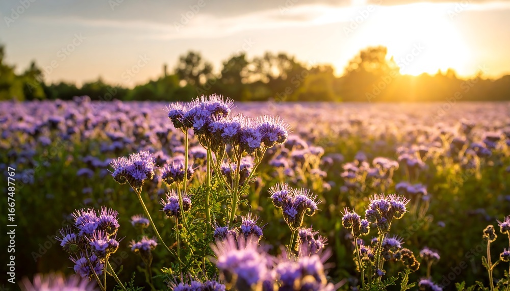 Naklejka premium Lavender field at dusk, bathed in the warm glow of the setting sun, a floral spectacle