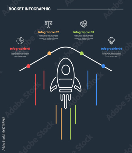 rocket launch concept infographic process diagram with bend curve line with spreading information around with dark background bright outline style and 4 points