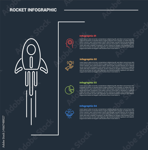 rocket launch concept infographic process diagram with vertical rocket and long line divider with stacked list information with dark background bright outline style and 4 points