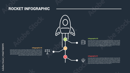 rocket launch concept infographic process diagram with vertical timeline with curve line opposite direction with dark background bright outline style and 3 points