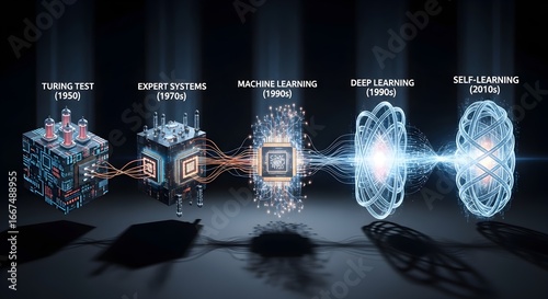 Conceptual illustration depicting the evolution of artificial intelligence, showcasing stages from the Turing Test to Self-Learning, with interconnecting data streams.