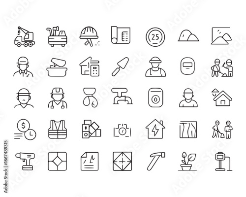 Set of outline icons related to construction. Second set. Linear icon collection