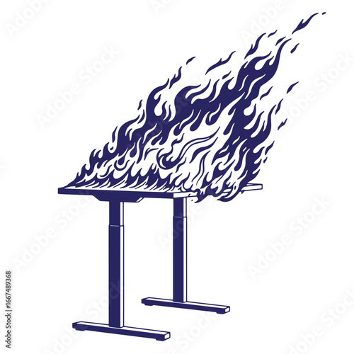 Modern adjustable desk engulfed in flames representing extreme stress or overwork