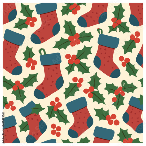 Festive christmas stocking pattern vector featuring holly and berries for holiday decor