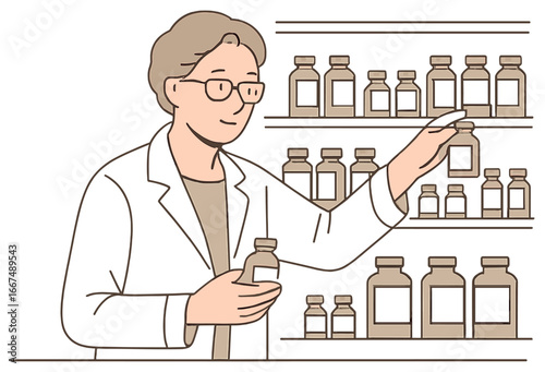 Pharmacist organizing medicine shelves: healthcare and pharmacy concept vector illustration