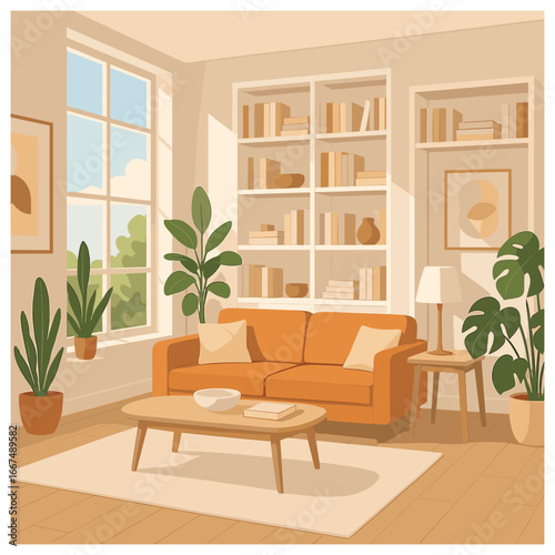 Modern living room vector | tranquil interior design, minimalist home decor for blissful ambiance