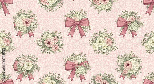 Floral pattern with roses and bows on a light pink background art