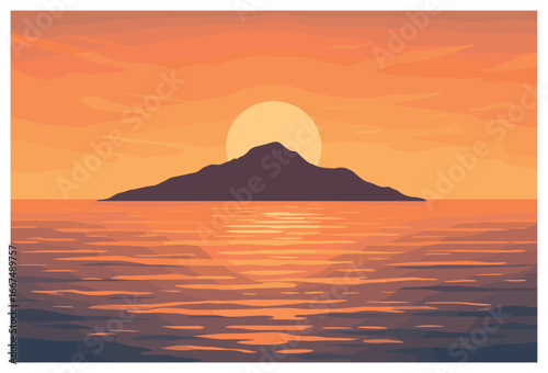 Island sunset vector: serene tropical dusk, peaceful coastal evening, tranquil ocean horizon