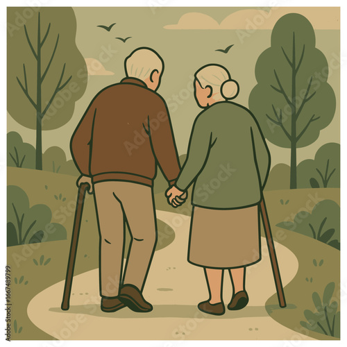 Elderly companionship vector: seniors walking hand in hand in park, nature stroll scene