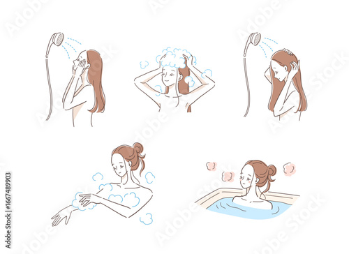 お風呂に入る女性のイラストセット