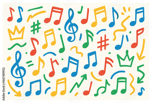 Musical doodle vector: festive symphony with colorful harmony, notes, and symbols