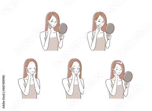 肌荒れに悩みスキンケアをする女性のイラストセット