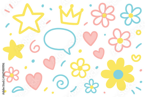 Whimsical doodles vector for holiday greetings – stars, flowers, hearts, perfect for decorating