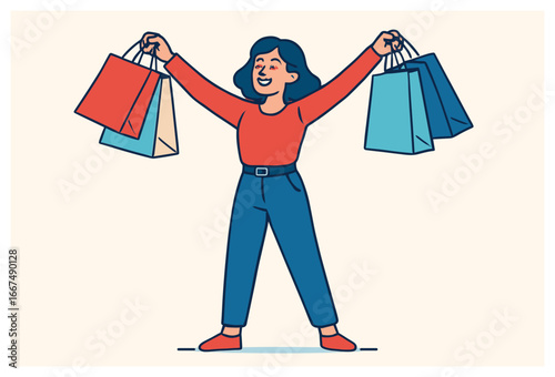 Shopping success vector: joyful woman celebrating purchase, bags, cartoon, sale concept