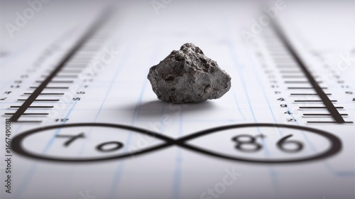 A tiny meteorite rests on an infinity symbol crafted from probability percentages.