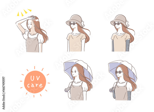 紫外線・熱中症対策をする女性のイラストセット