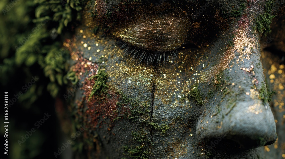 Obraz premium Close-Up of Beautiful Artistic Face Covered in Nature-Inspired Makeup