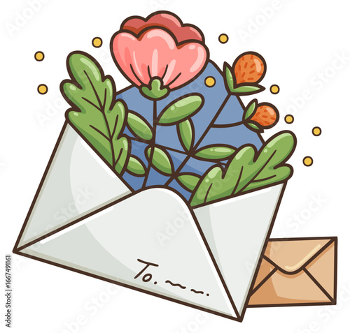 Illustration of flowers and leaves in an open envelope. Symbol of love, gratitude and celebration, ideal for greeting cards, invitations, romantic messages and lifestyle blogs.