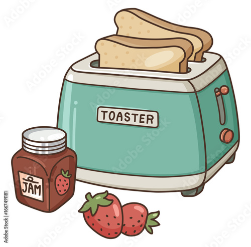 Cute vector illustration of a retro toaster with toasted bread, strawberry jam jar, and fresh strawberries. Perfect for breakfast, food blogs, recipe design, and lifestyle content.