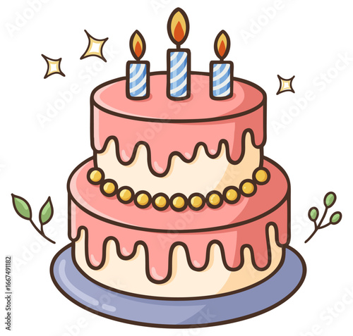 Cute illustration of a two-tier birthday cake with candles and decorations. Perfect for celebration themes, party invitations, greeting cards, dessert designs, and lifestyle content.
