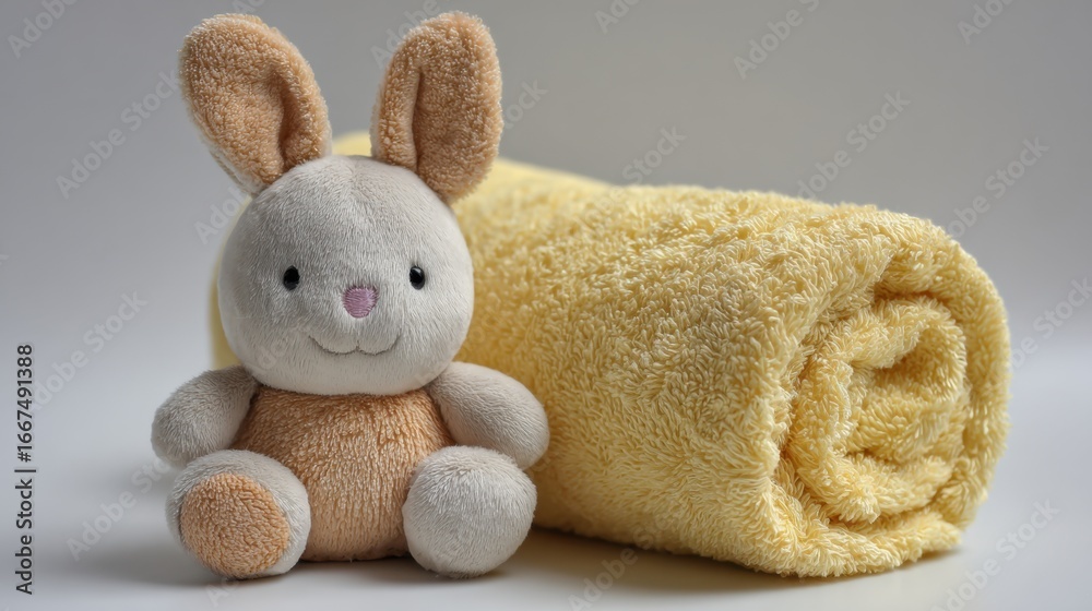 Fototapeta premium Soft Bunny Plush Toy with Yellow Towel on Gray Background