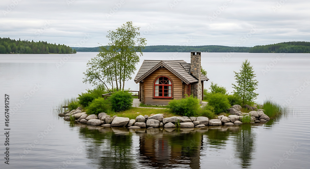 Obraz premium Small wooden cabin on a rocky island in a calm lake