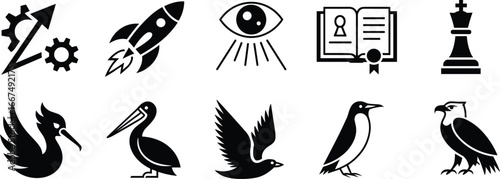 progress icon, innovation rocket, vision eye, education book, strategy chess, swan bird, pelican, flying bird, penguin, bird of prey illustration