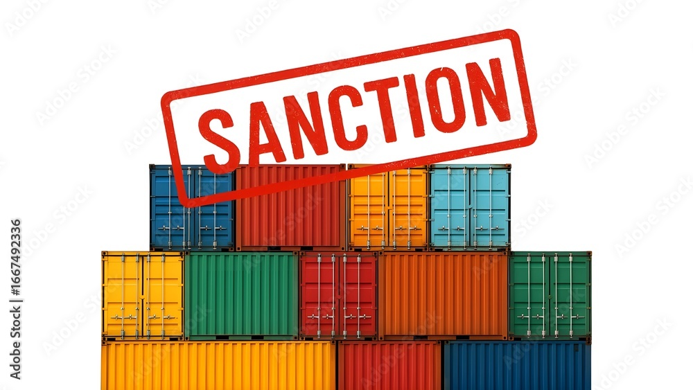 Obraz premium Stacked Shipping Containers with Red ‘Sanction’ Stamp Representing Trade Restrictions 