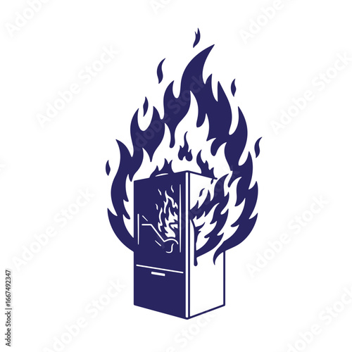 Stylized illustration depicting a refrigerator engulfed in flames against a plain white background