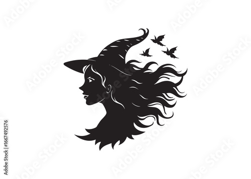Witch Face Side Profile Silhouette Vector Isolated on White Background.