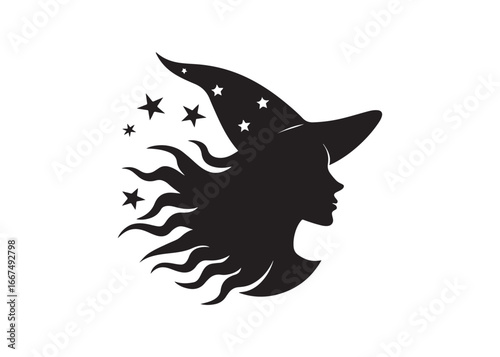 Beautiful Witch Face Silhouette in Side Profile Vector Illustration.