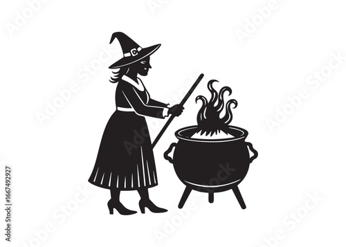Halloween Witch Cooking Cauldron Silhouette Vector Black Design.