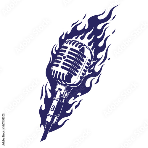 Vintage microphone surrounded by blue flames symbolizing passion and musical energy