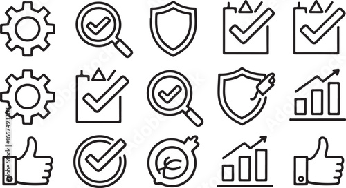 Business icons with checkmarks and graphs gear magnifying glass