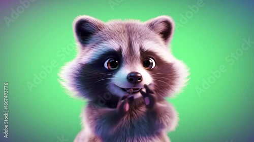 Cute Raccoon Waving Hello with Green Background Animation