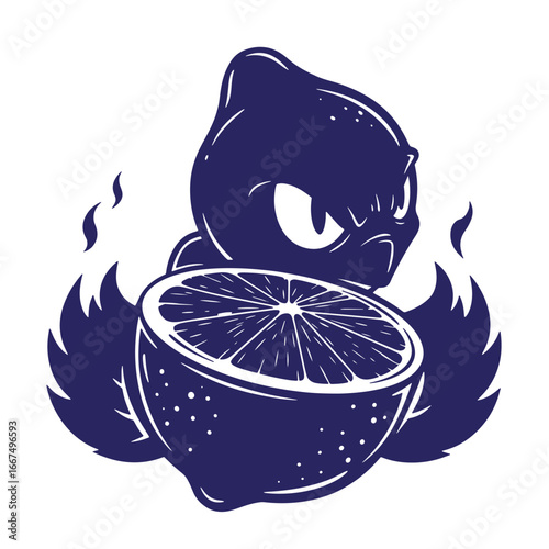 A dark blue cartoon lemon with a grumpy face holding a sliced citrus fruit vector