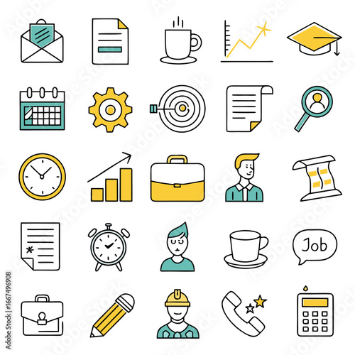 Collection of business and work related icons in a flat design style