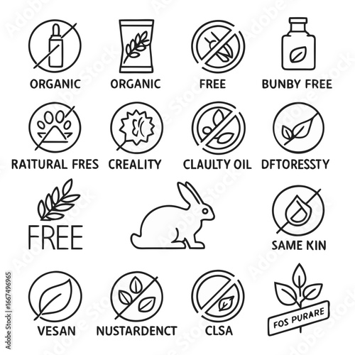 Collection of cosmetic and beauty product icons with certifications and claims