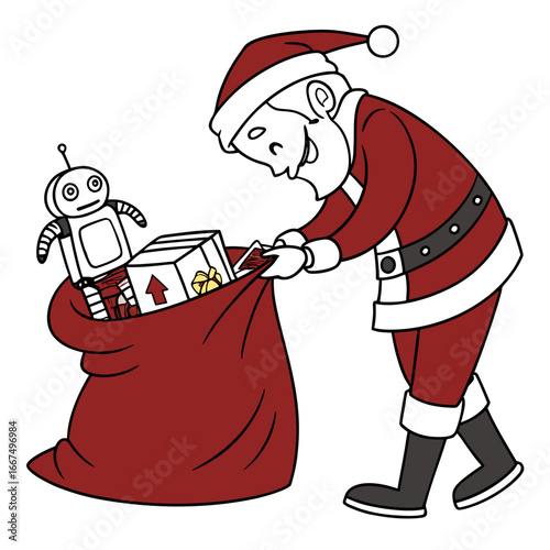 Santa claus giving a robot a gift from his sack