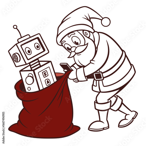 Santa claus with a robot and a sack of gifts using a smartphone