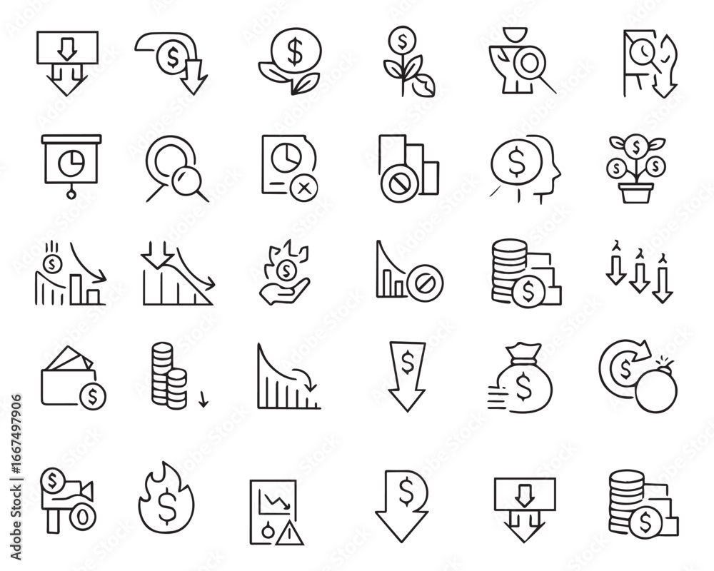 Fototapeta premium Set of outline icons related to lose money, bankruptcy. Linear icon collection