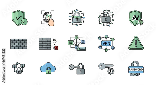 Vector icon set illustrating concepts of digital cybersecurity, online data protection, network firewalls, and biometric authentication technology