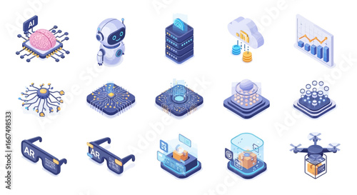 Isometric set of future technology icons representing artificial intelligence, cloud computing, data servers, augmented reality, and drone delivery concepts