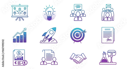 A comprehensive set of gradient line icons representing business startup concepts, project management, and strategic planning
